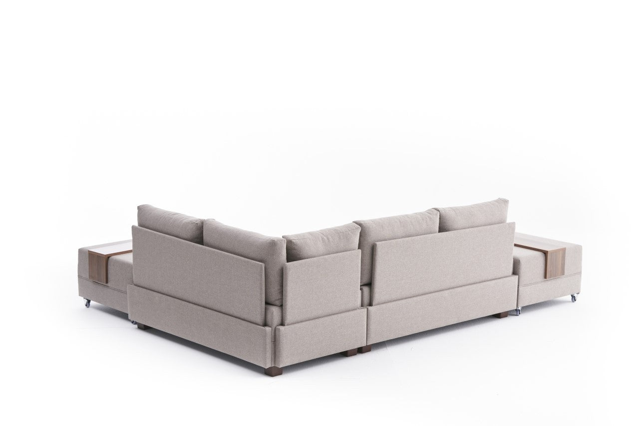 Sofá-cama de canto moderno em tom creme, 210 cm | Estrutura de madeira e revestimento em melamina, tecido 100% algodão/poliéster | Espuma DNS 32, design elegante e funcional