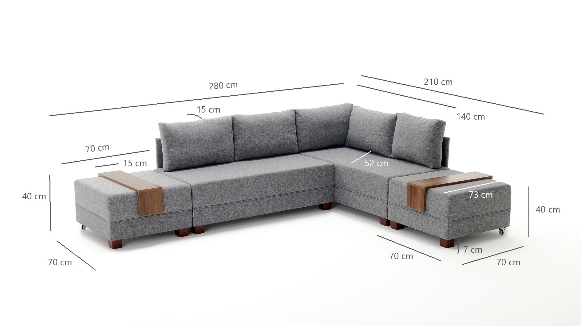 Sofá-cama de canto moderno em tom creme, 210 cm | Estrutura de madeira e revestimento em melamina, tecido 100% algodão/poliéster | Espuma DNS 32, design elegante e funcional