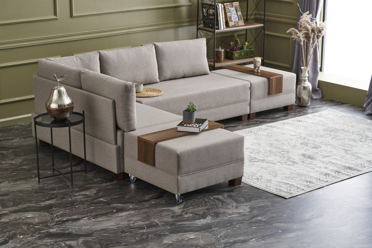 Sofá-cama de canto moderno em creme, 210 cm | Estrutura de madeira, 100% algodão e poliéster, espuma 32 DNS | Elegante e funcional para sala de estar e espaço de hóspedes