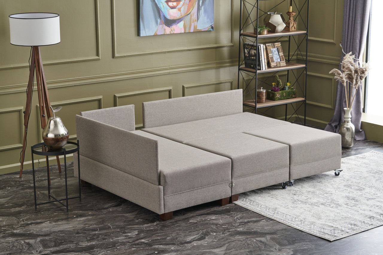 Sofá-cama de canto moderno em creme, 210 cm | Estrutura de madeira, 100% algodão e poliéster, espuma 32 DNS | Elegante e funcional para sala de estar e espaço de hóspedes
