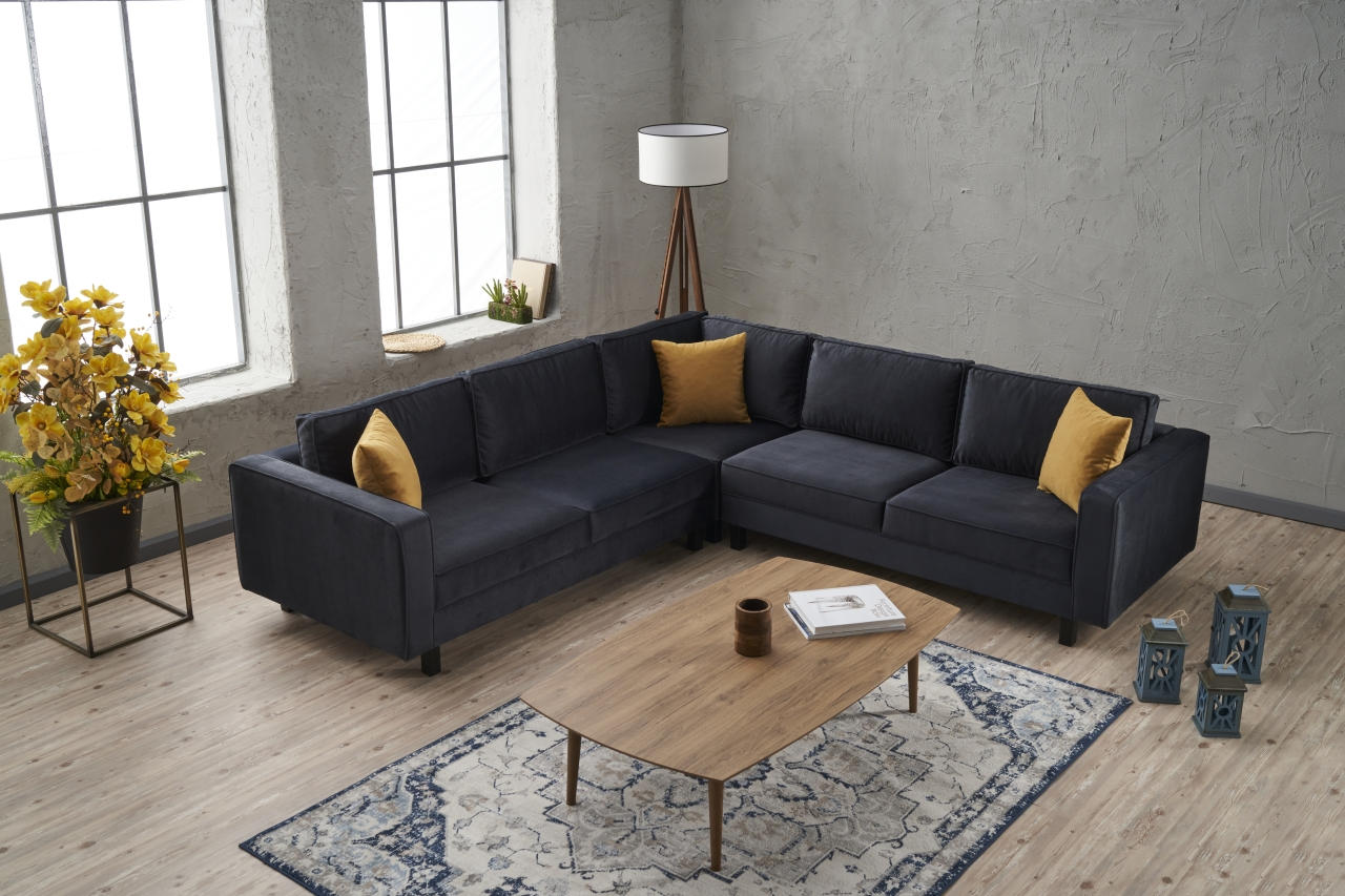 Sofá de Canto Moderno, Antracite, 258 cm | Estrutura em Madeira de Faia, Veludo 100% Poliéster, Espuma 28 DNS, Elegante e Confortável para Decoração de Casa e Hotel