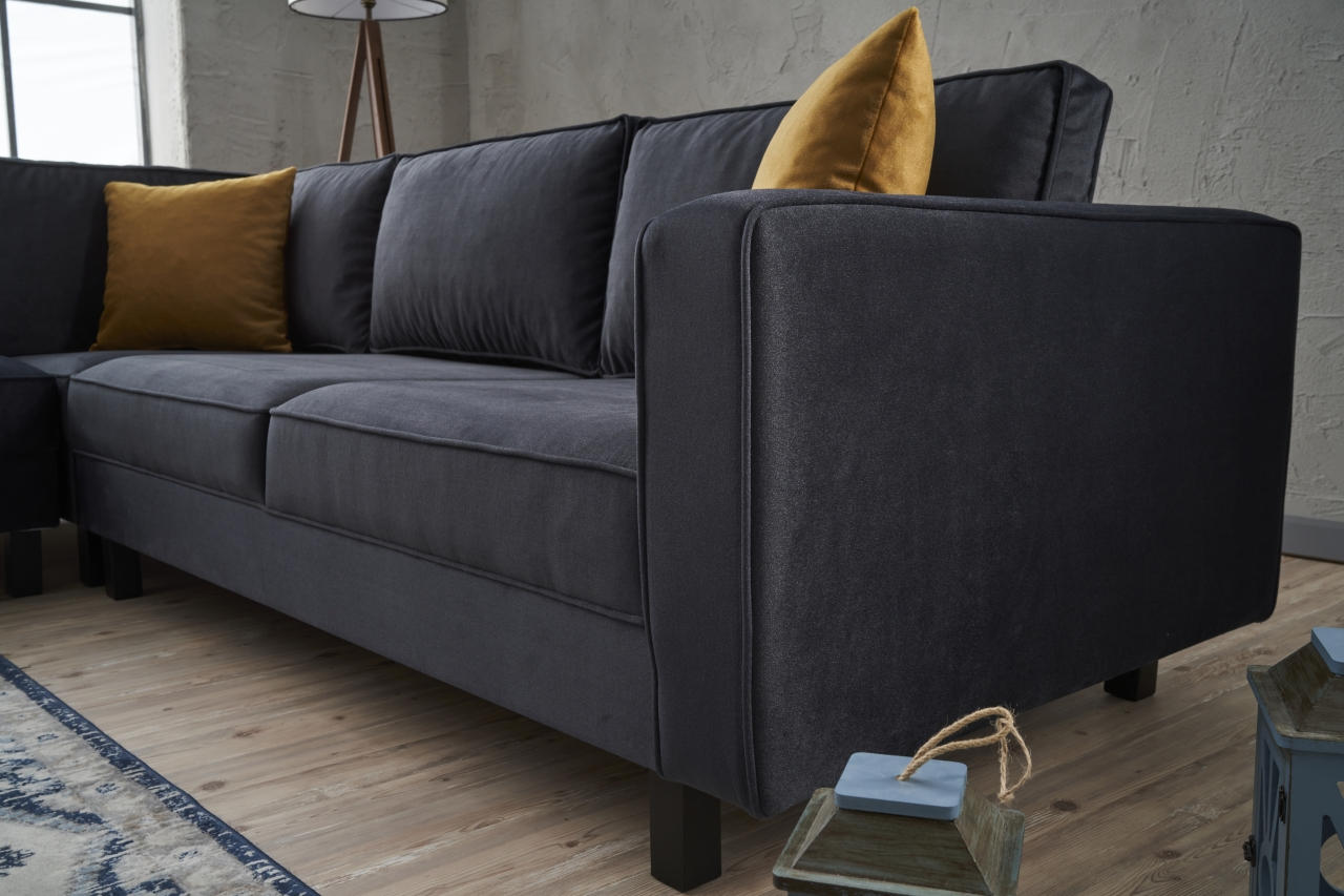 Sofá de Canto Moderno, Antracite, 258 cm | Estrutura em Madeira de Faia, Veludo 100% Poliéster, Espuma 28 DNS, Elegante e Confortável para Decoração de Casa e Hotel