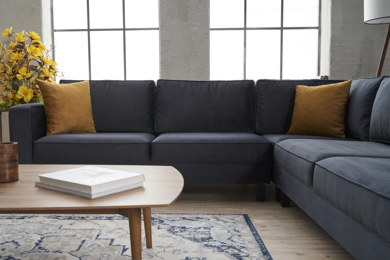 Sofá de Canto Moderno, Antracite, 258 cm | Estrutura em Madeira de Faia, Veludo 100% Poliéster, Espuma 28 DNS, Elegante e Confortável para Decoração de Casa e Hotel