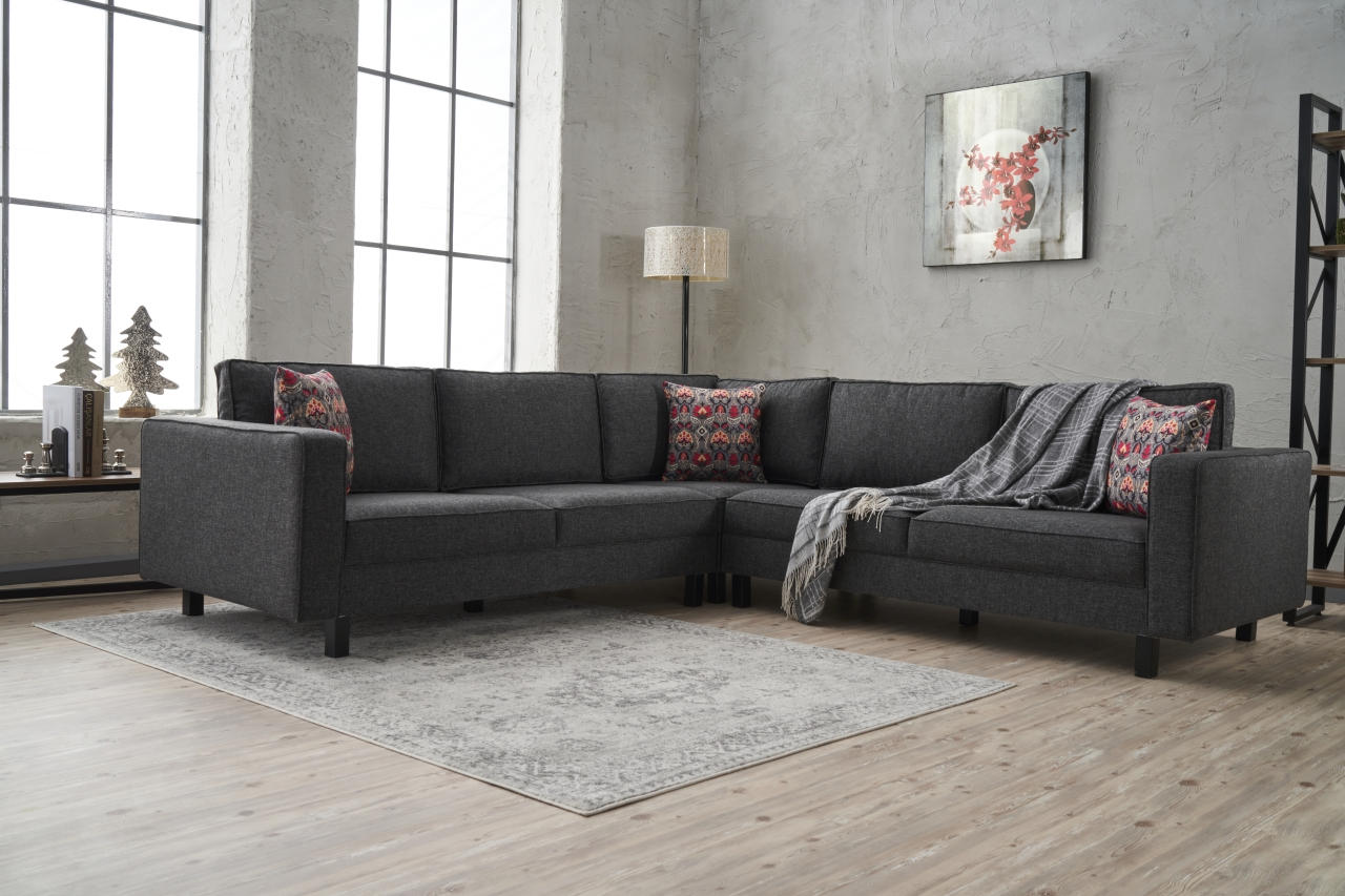 Sofá de canto moderno, antracite, 258 x 83 x 258 cm | Estrutura em madeira de faia, 100% poliéster/linho, espuma 28 DNS, elegante e confortável para qualquer ambiente