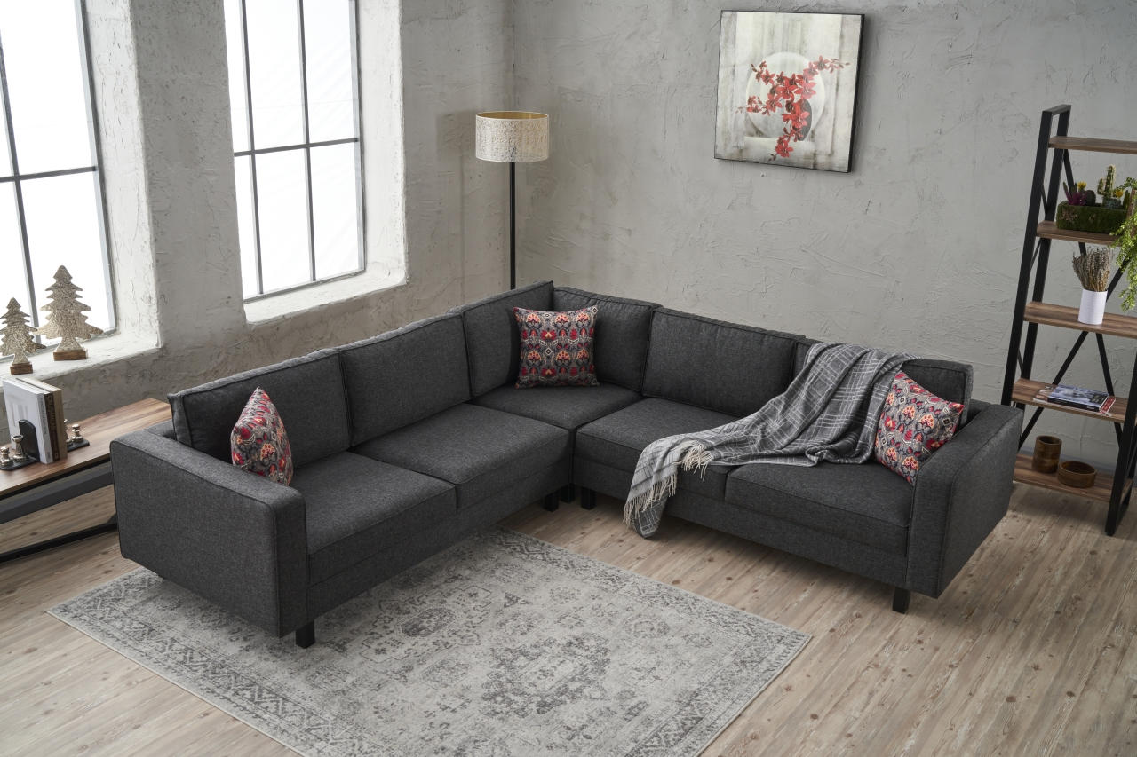 Sofá de canto moderno, antracite, 258 x 83 x 258 cm | Estrutura em madeira de faia, 100% poliéster/linho, espuma 28 DNS, elegante e confortável para qualquer ambiente