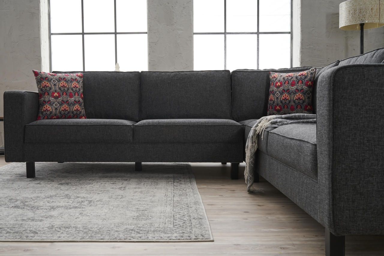 Sofá de canto moderno, antracite, 258 x 83 x 258 cm | Estrutura em madeira de faia, 100% poliéster/linho, espuma 28 DNS, elegante e confortável para qualquer ambiente