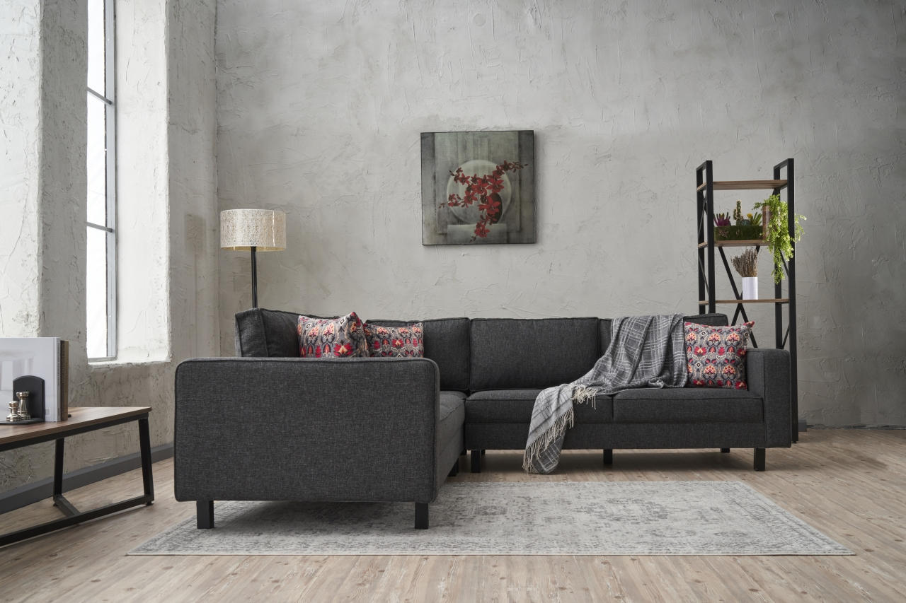 Sofá de canto moderno, antracite, 258 x 83 x 258 cm | Estrutura em madeira de faia, 100% poliéster/linho, espuma 28 DNS, elegante e confortável para qualquer ambiente