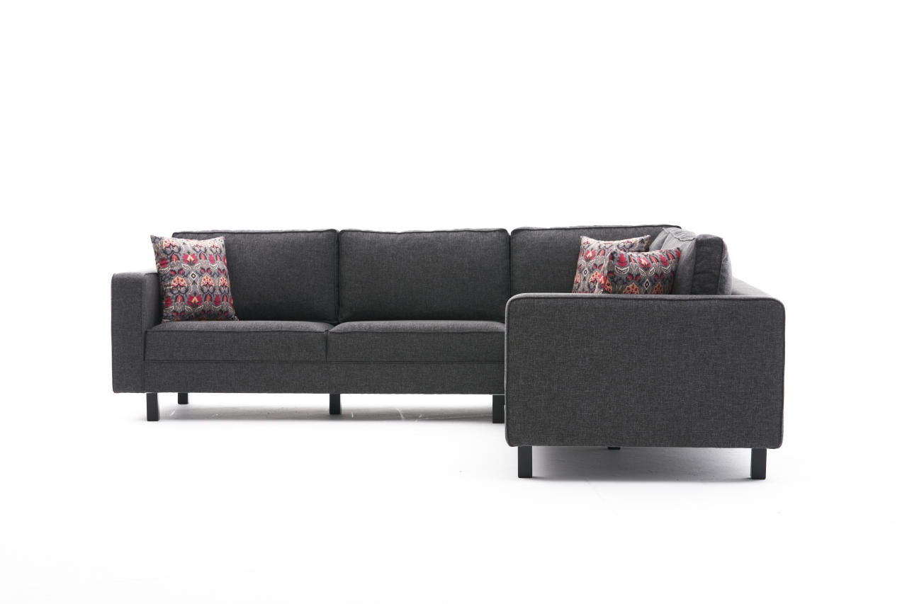 Sofá de canto moderno, antracite, 258 x 83 x 258 cm | Estrutura em madeira de faia, 100% poliéster/linho, espuma 28 DNS, elegante e confortável para qualquer ambiente