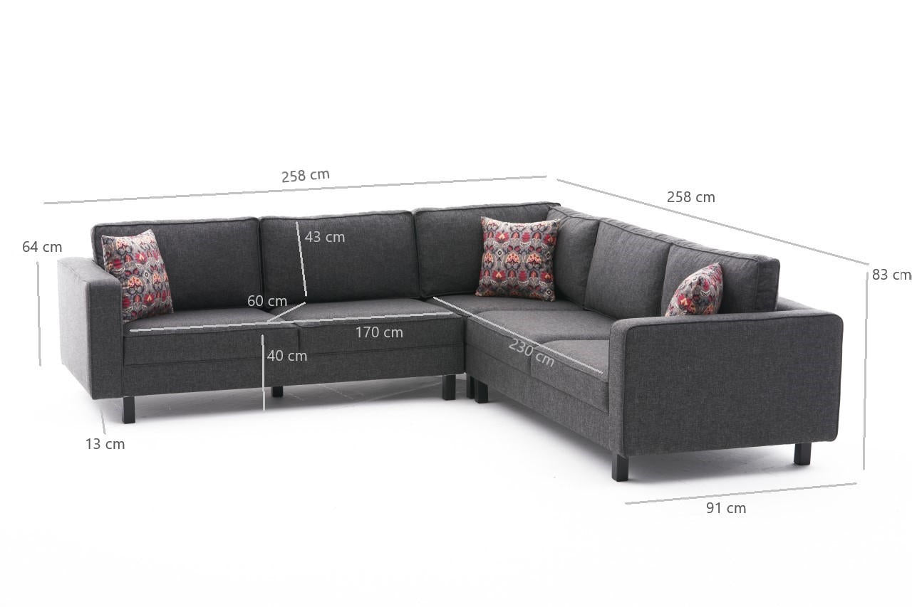 Sofá de canto moderno, antracite, 258 x 83 x 258 cm | Estrutura em madeira de faia, 100% poliéster/linho, espuma 28 DNS, elegante e confortável para qualquer ambiente