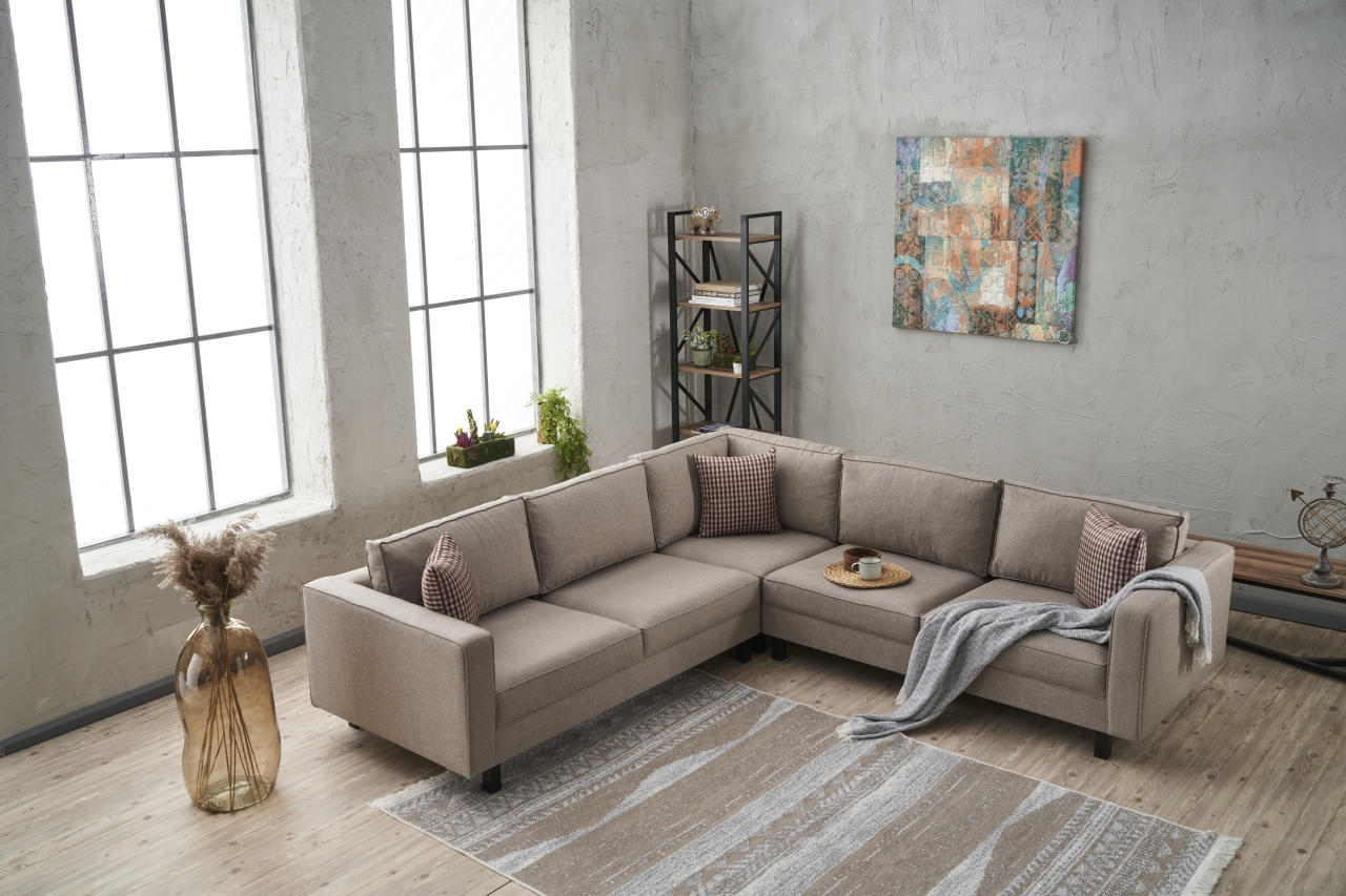 Sofá de canto moderno, creme, 258 x 83 x 258 cm | Estrutura de madeira de faia, 100% poliéster/linho, espuma 28 DNS, elegante e confortável para casa e hotel