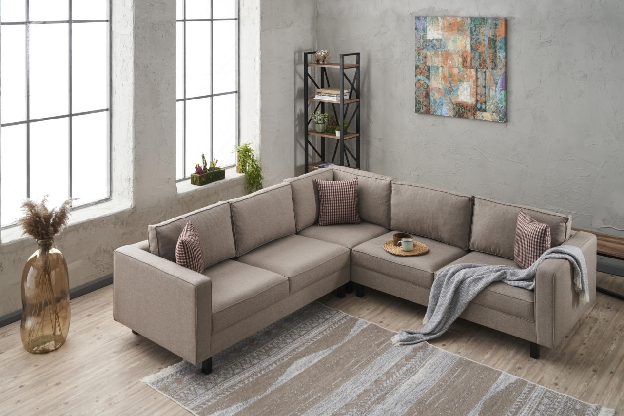 Sofá de canto moderno, creme, 258 x 83 x 258 cm | Estrutura de madeira de faia, 100% poliéster/linho, espuma 28 DNS, elegante e confortável para casa e hotel