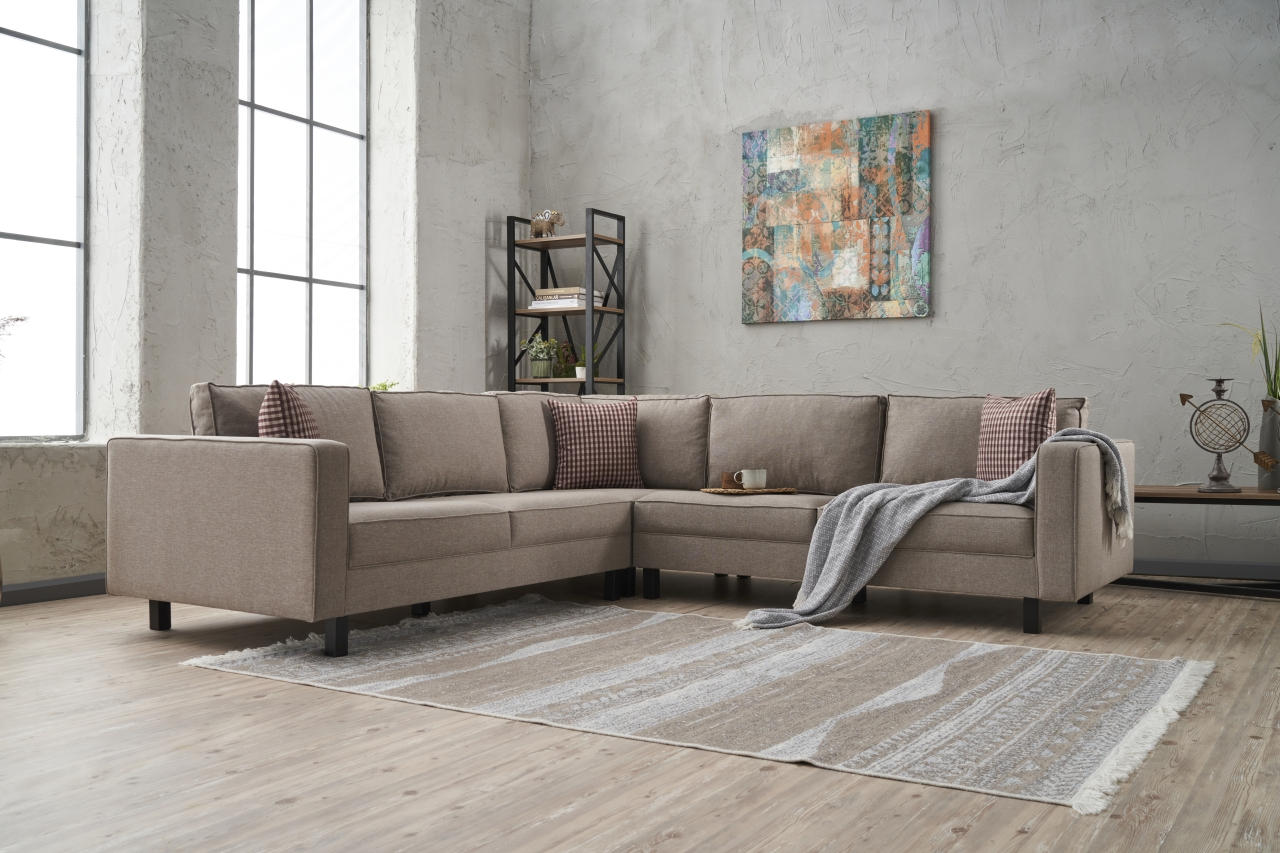 Sofá de canto moderno, creme, 258 x 83 x 258 cm | Estrutura de madeira de faia, 100% poliéster/linho, espuma 28 DNS, elegante e confortável para casa e hotel