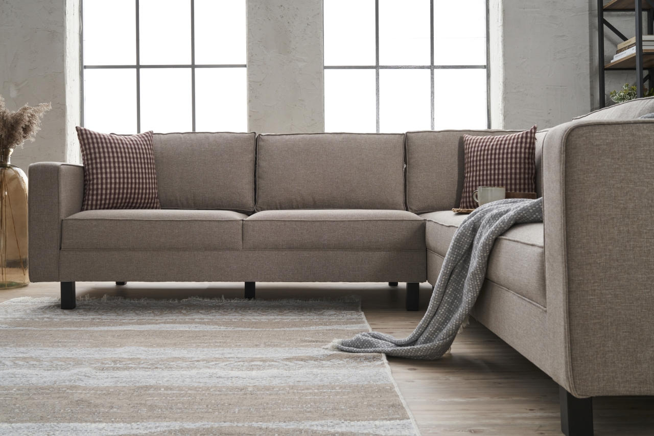 Sofá de canto moderno, creme, 258 x 83 x 258 cm | Estrutura de madeira de faia, 100% poliéster/linho, espuma 28 DNS, elegante e confortável para casa e hotel