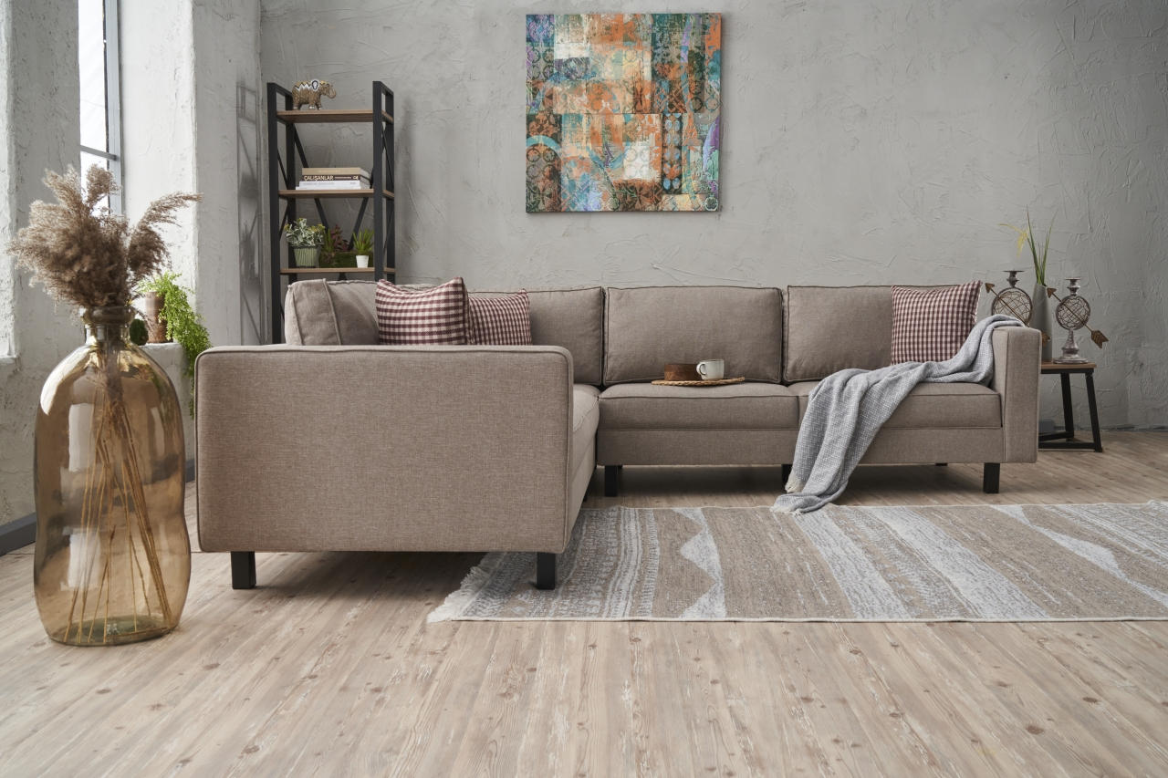 Sofá de canto moderno, creme, 258 x 83 x 258 cm | Estrutura de madeira de faia, 100% poliéster/linho, espuma 28 DNS, elegante e confortável para casa e hotel