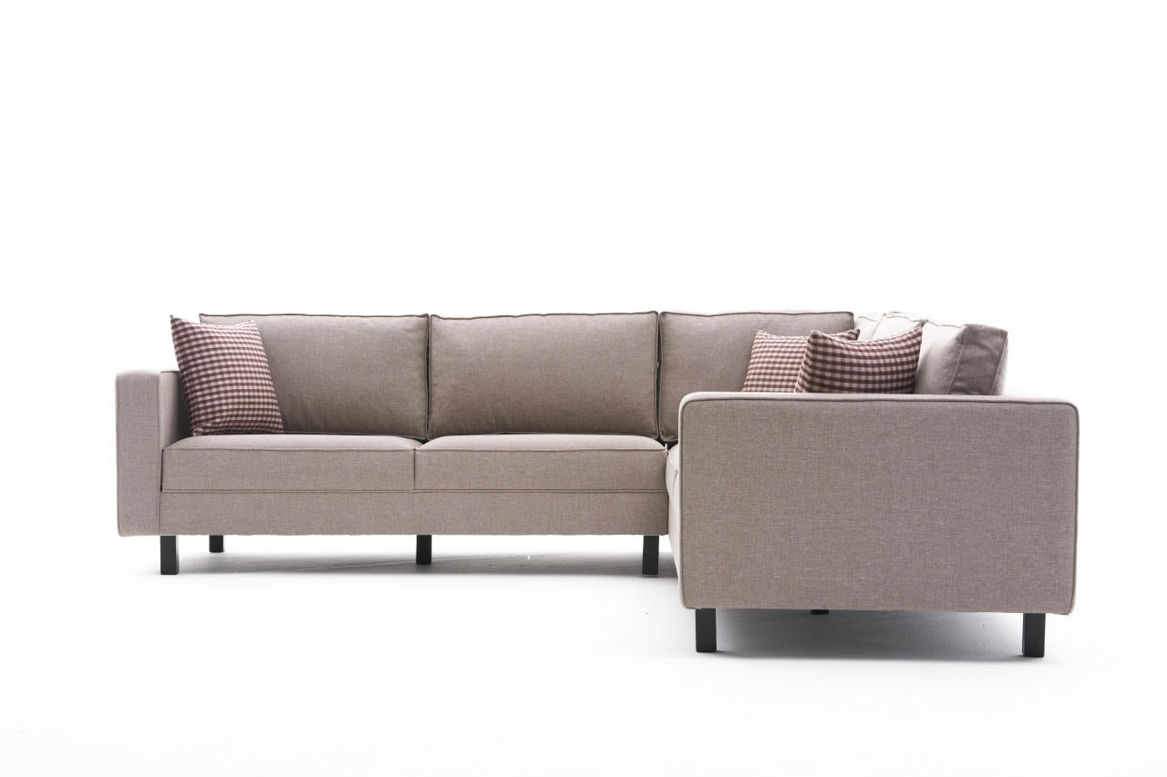 Sofá de canto moderno, creme, 258 x 83 x 258 cm | Estrutura de madeira de faia, 100% poliéster/linho, espuma 28 DNS, elegante e confortável para casa e hotel