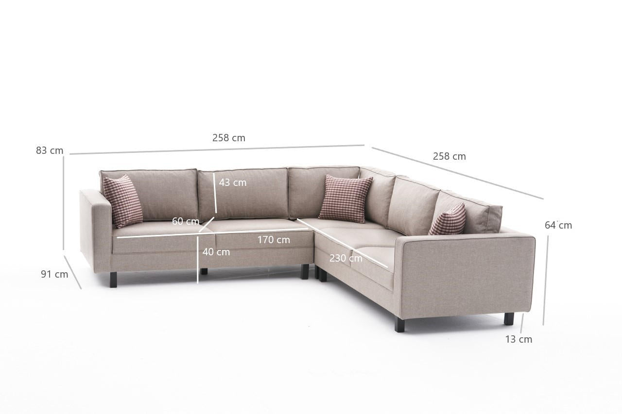 Sofá de canto moderno, creme, 258 x 83 x 258 cm | Estrutura de madeira de faia, 100% poliéster/linho, espuma 28 DNS, elegante e confortável para casa e hotel