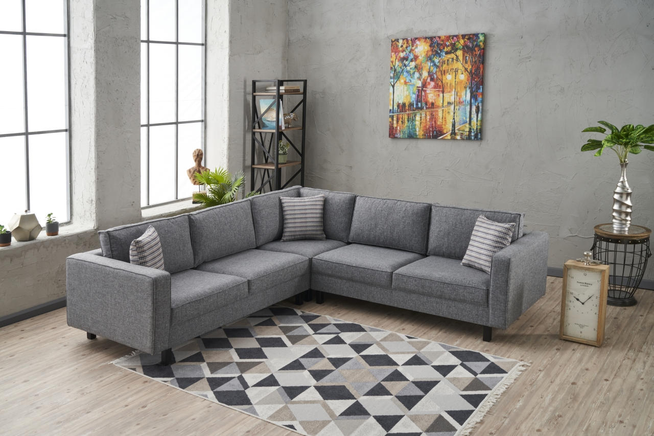 Sofá de Canto Moderno, Cinza, 258 cm | Estrutura em Madeira de Faia, 100% Poliéster/Linho, Espuma 28 DNS, Elegante e Confortável para Casas e Hotéis