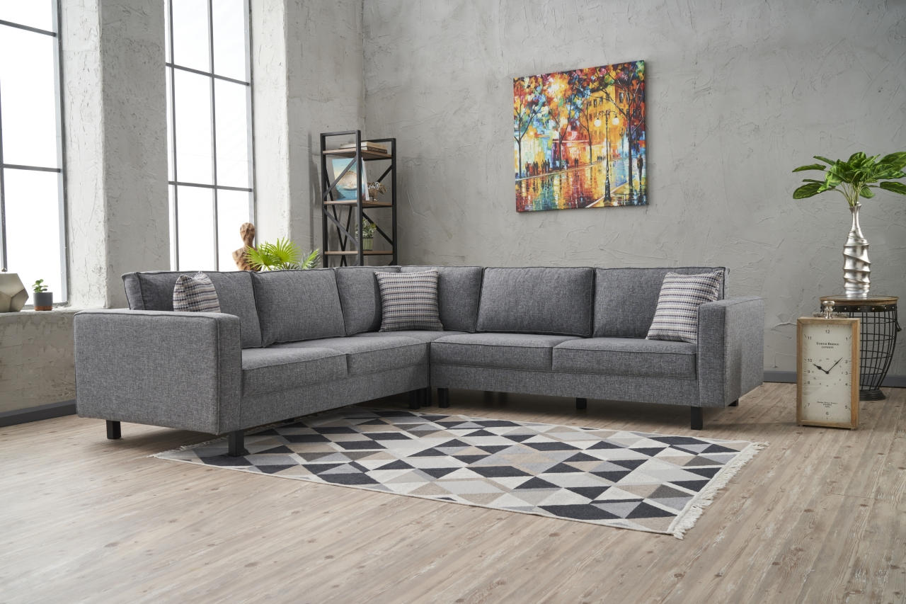 Sofá de Canto Moderno, Cinza, 258 cm | Estrutura em Madeira de Faia, 100% Poliéster/Linho, Espuma 28 DNS, Elegante e Confortável para Casas e Hotéis