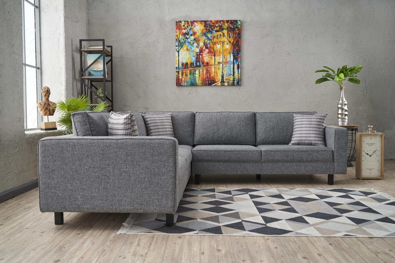 Sofá de Canto Moderno, Cinza, 258 cm | Estrutura em Madeira de Faia, 100% Poliéster/Linho, Espuma 28 DNS, Elegante e Confortável para Casas e Hotéis