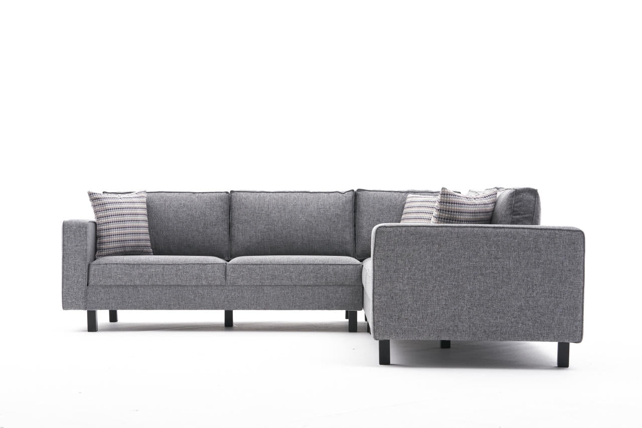 Sofá de Canto Moderno, Cinza, 258 cm | Estrutura em Madeira de Faia, 100% Poliéster/Linho, Espuma 28 DNS, Elegante e Confortável para Casas e Hotéis