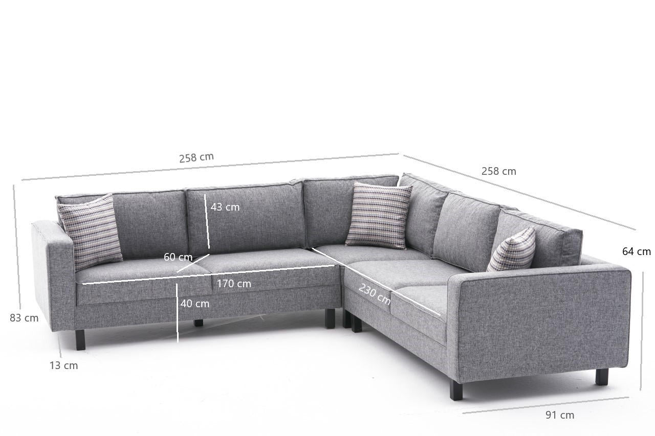 Sofá de Canto Moderno, Cinza, 258 cm | Estrutura em Madeira de Faia, 100% Poliéster/Linho, Espuma 28 DNS, Elegante e Confortável para Casas e Hotéis