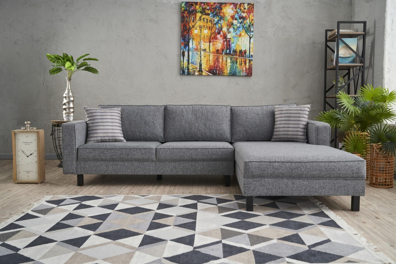 Sofá de Canto Moderno, Cinza, 258 x 181 x 83 cm | Estrutura em Madeira de Faia, 100% Poliéster/Linho, Espuma 28 DNS, Elegante e Confortável para Espaços de Convivência