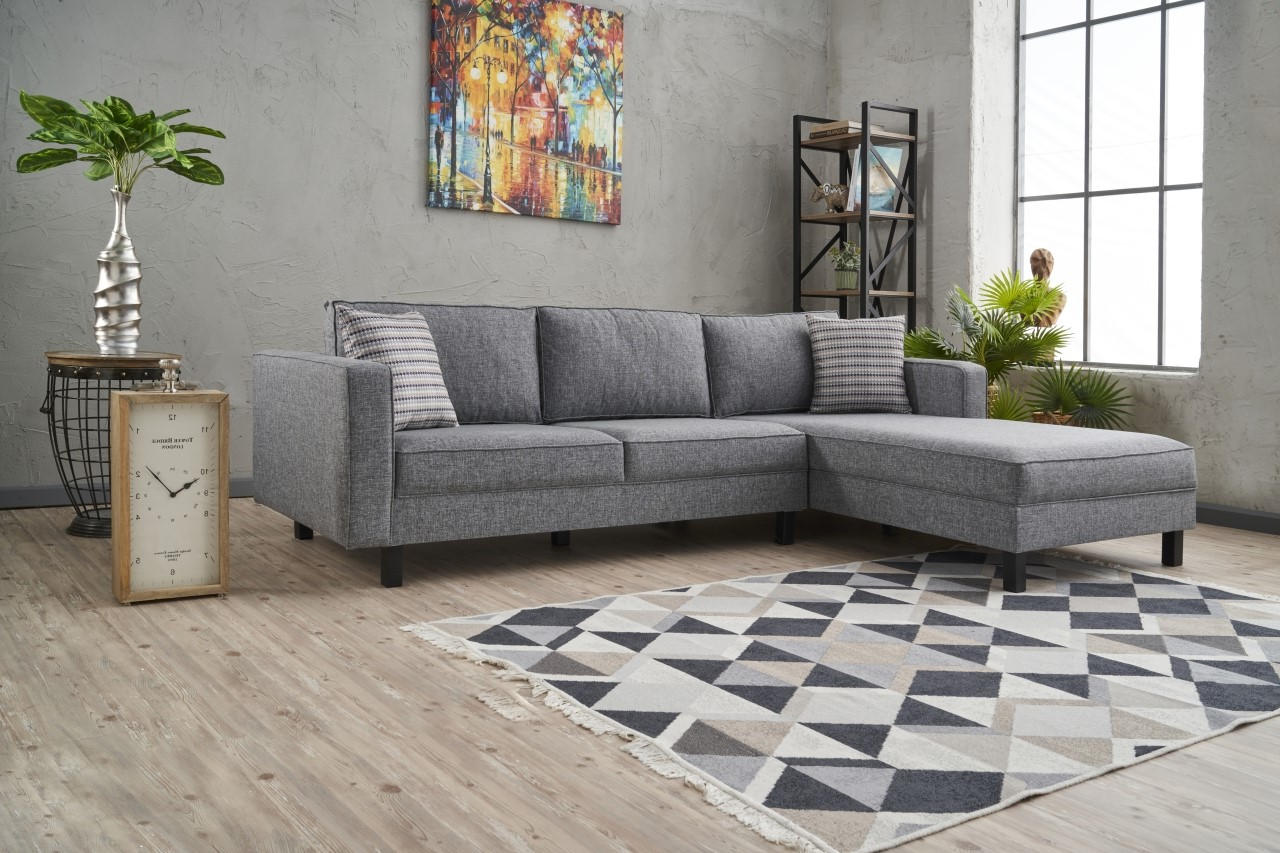 Sofá de Canto Moderno, Cinza, 258 x 181 x 83 cm | Estrutura em Madeira de Faia, 100% Poliéster/Linho, Espuma 28 DNS, Elegante e Confortável para Espaços de Convivência