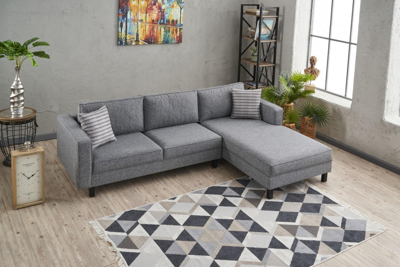 Sofá de Canto Moderno, Cinza, 258 x 181 x 83 cm | Estrutura em Madeira de Faia, 100% Poliéster/Linho, Espuma 28 DNS, Elegante e Confortável para Espaços de Convivência