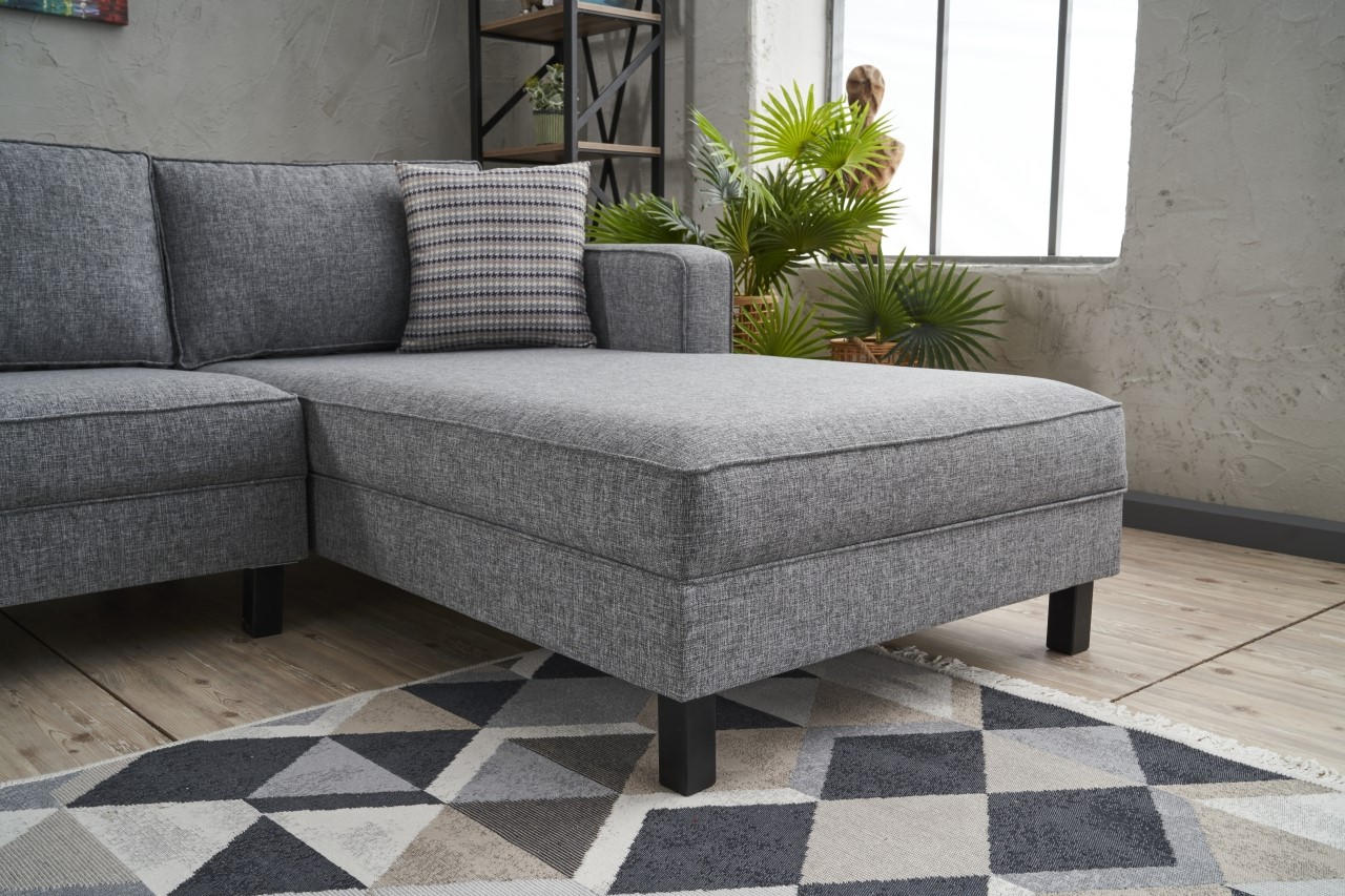 Sofá de Canto Moderno, Cinza, 258 x 181 x 83 cm | Estrutura em Madeira de Faia, 100% Poliéster/Linho, Espuma 28 DNS, Elegante e Confortável para Espaços de Convivência