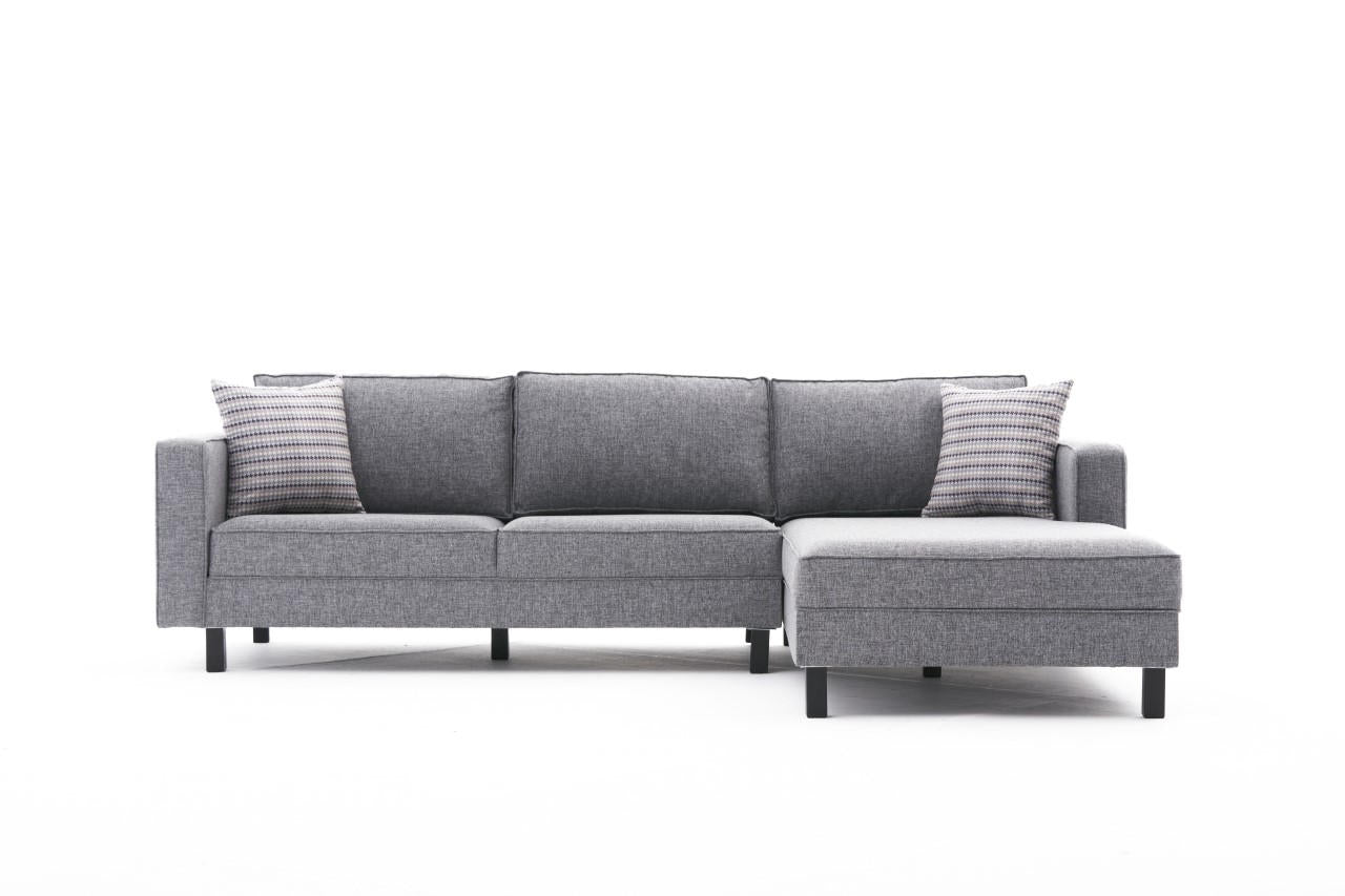 Sofá de Canto Moderno, Cinza, 258 x 181 x 83 cm | Estrutura em Madeira de Faia, 100% Poliéster/Linho, Espuma 28 DNS, Elegante e Confortável para Espaços de Convivência