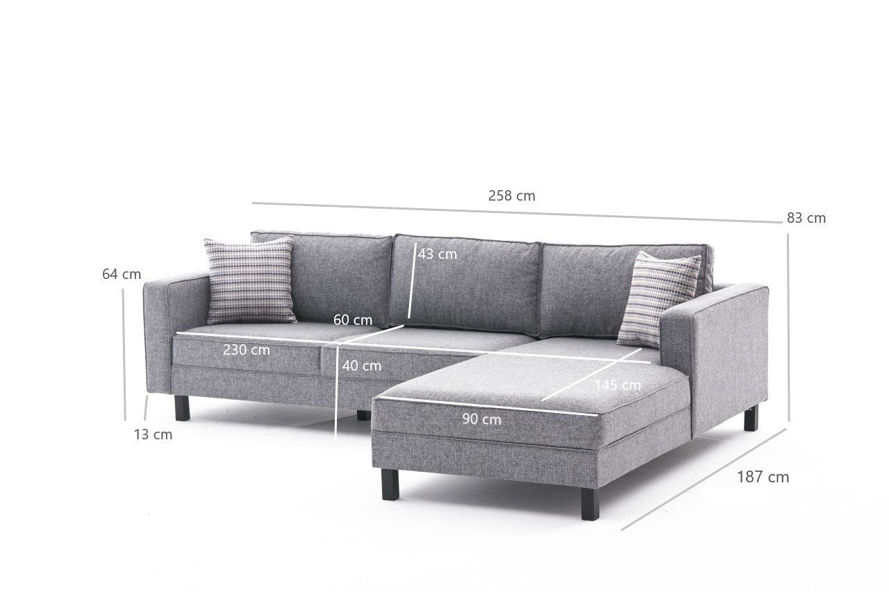 Sofá de Canto Moderno, Cinza, 258 x 181 x 83 cm | Estrutura em Madeira de Faia, 100% Poliéster/Linho, Espuma 28 DNS, Elegante e Confortável para Espaços de Convivência