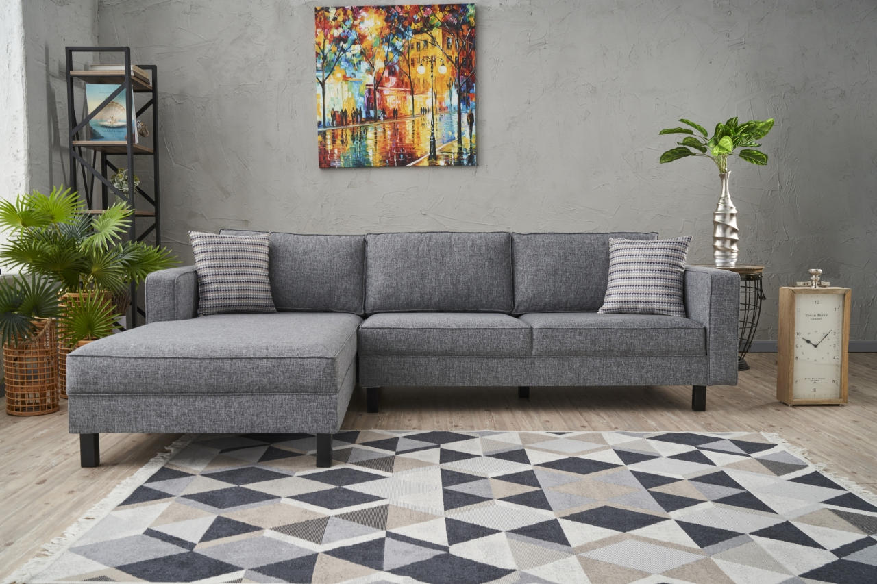 Sofá de Canto Moderno, Cinza, 258 x 181 x 83 cm | Estrutura em Madeira de Faia, 100% Poliéster/Linho, Espuma 28 DNS, Elegante e Confortável para Espaços de Convivência