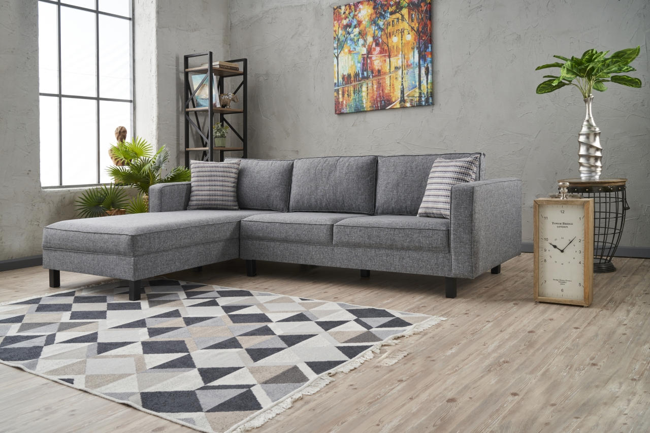 Sofá de Canto Moderno, Cinza, 258 x 181 x 83 cm | Estrutura em Madeira de Faia, 100% Poliéster/Linho, Espuma 28 DNS, Elegante e Confortável para Espaços de Convivência