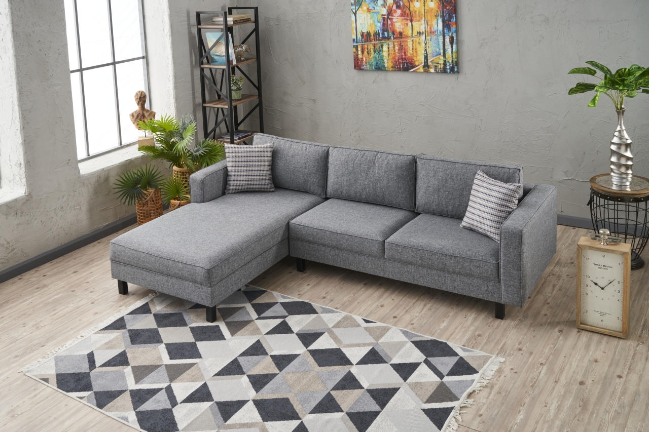 Sofá de Canto Moderno, Cinza, 258 x 181 x 83 cm | Estrutura em Madeira de Faia, 100% Poliéster/Linho, Espuma 28 DNS, Elegante e Confortável para Espaços de Convivência