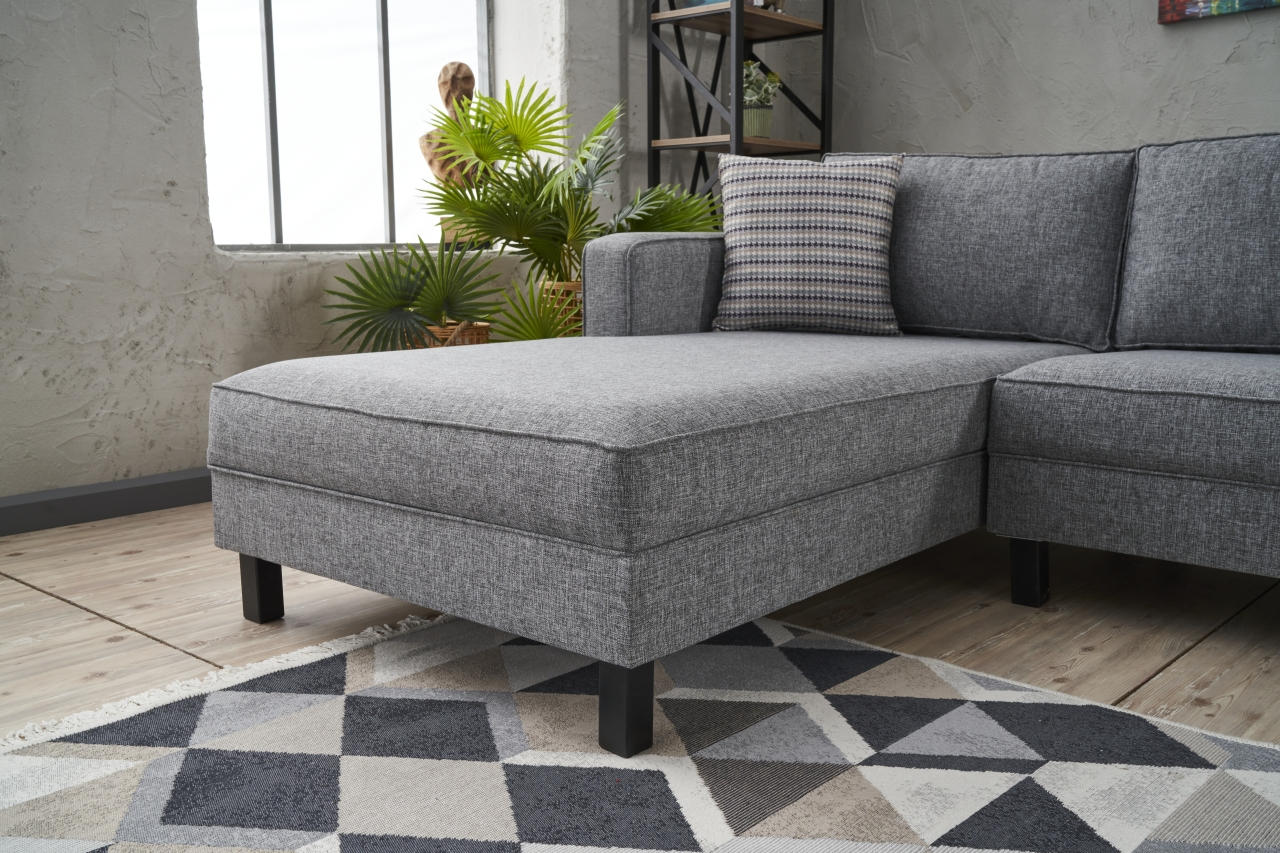 Sofá de Canto Moderno, Cinza, 258 x 181 x 83 cm | Estrutura em Madeira de Faia, 100% Poliéster/Linho, Espuma 28 DNS, Elegante e Confortável para Espaços de Convivência