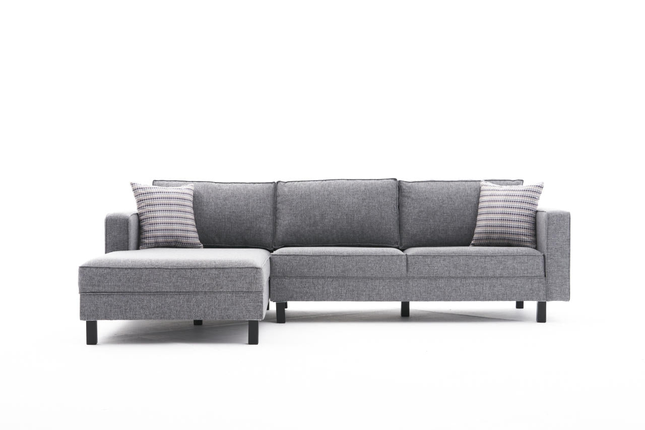 Sofá de Canto Moderno, Cinza, 258 x 181 x 83 cm | Estrutura em Madeira de Faia, 100% Poliéster/Linho, Espuma 28 DNS, Elegante e Confortável para Espaços de Convivência