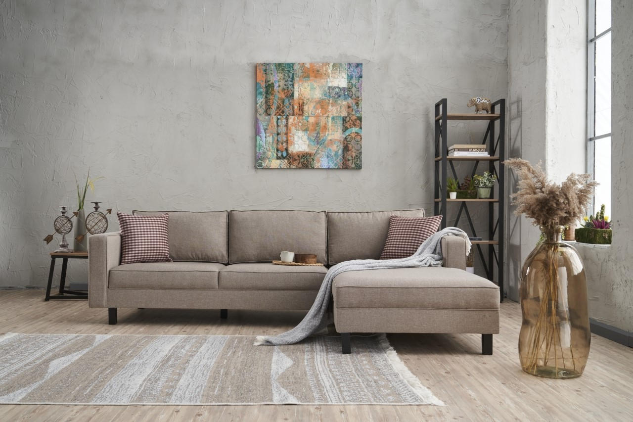 Sofá de canto moderno, creme, estrutura de madeira de faia, 258 x 181 x 83 cm | 100% poliéster/linho, espuma 28 DNS, elegante e confortável para espaços de convivência