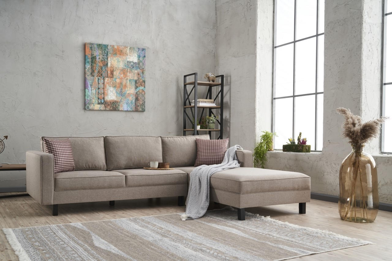 Sofá de canto moderno, creme, estrutura de madeira de faia, 258 x 181 x 83 cm | 100% poliéster/linho, espuma 28 DNS, elegante e confortável para espaços de convivência