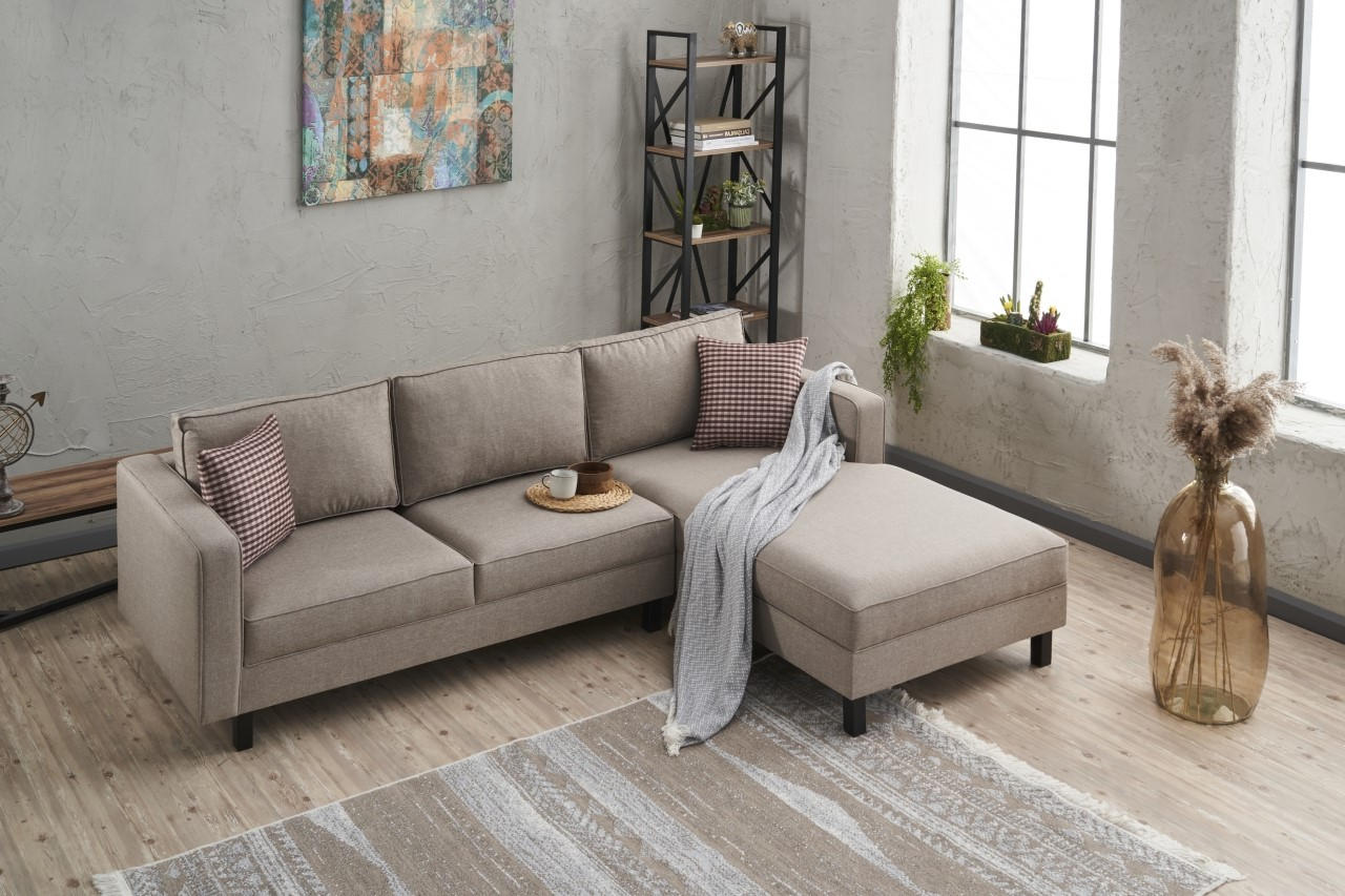 Sofá de canto moderno, creme, estrutura de madeira de faia, 258 x 181 x 83 cm | 100% poliéster/linho, espuma 28 DNS, elegante e confortável para espaços de convivência
