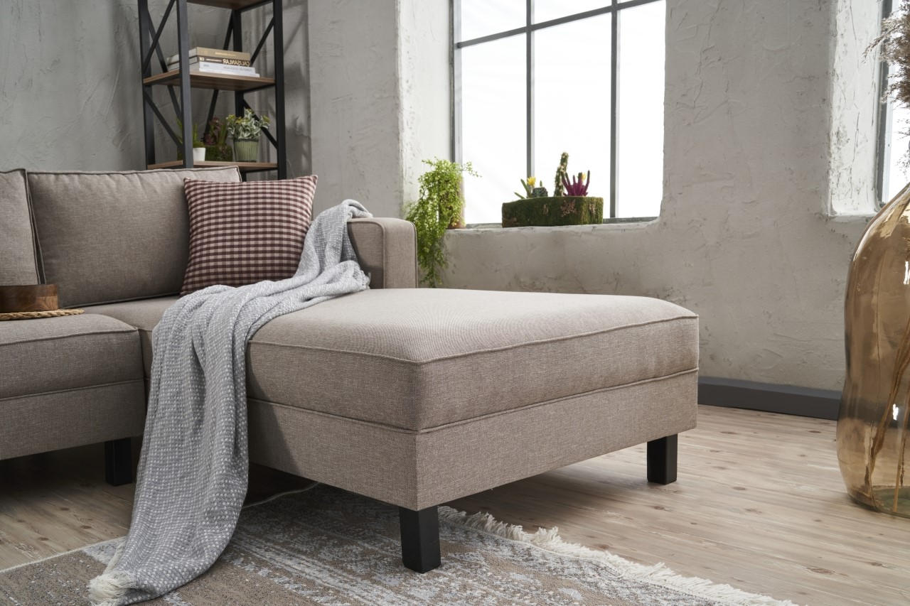 Sofá de canto moderno, creme, estrutura de madeira de faia, 258 x 181 x 83 cm | 100% poliéster/linho, espuma 28 DNS, elegante e confortável para espaços de convivência