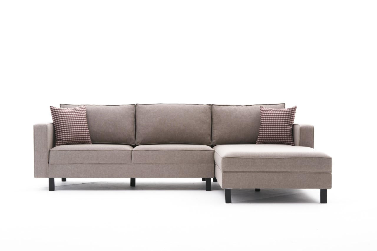 Sofá de canto moderno, creme, estrutura de madeira de faia, 258 x 181 x 83 cm | 100% poliéster/linho, espuma 28 DNS, elegante e confortável para espaços de convivência