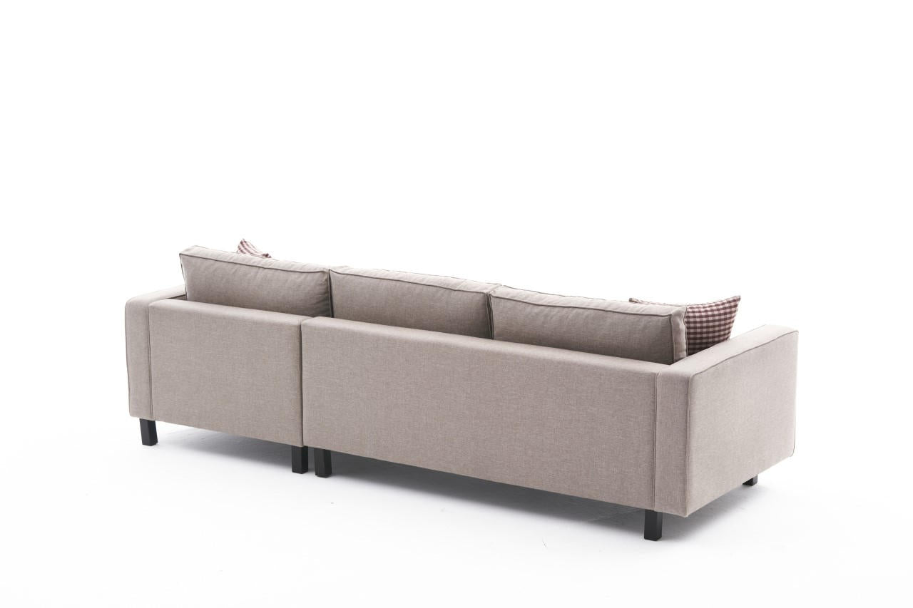 Sofá de canto moderno, creme, estrutura de madeira de faia, 258 x 181 x 83 cm | 100% poliéster/linho, espuma 28 DNS, elegante e confortável para espaços de convivência