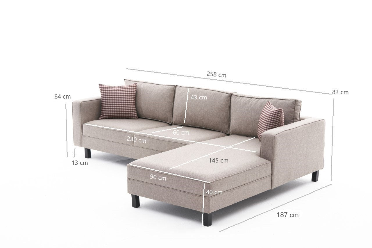 Sofá de canto moderno, creme, estrutura de madeira de faia, 258 x 181 x 83 cm | 100% poliéster/linho, espuma 28 DNS, elegante e confortável para espaços de convivência