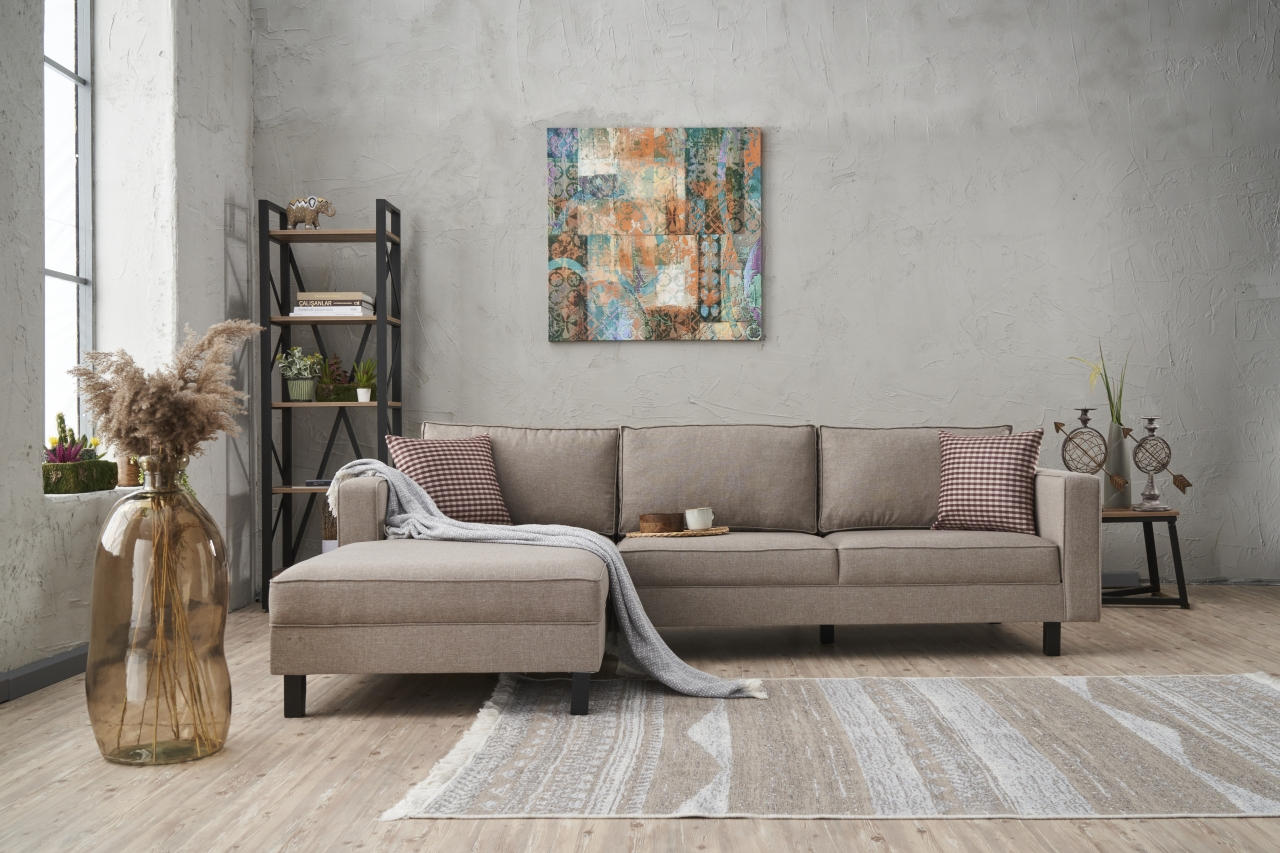 Sofá de canto moderno, creme, estrutura de madeira de faia, 258 x 181 x 83 cm | 100% poliéster/linho, espuma 28 DNS, elegante e confortável para espaços de convivência