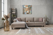 Sofá de canto moderno, creme, estrutura de madeira de faia, 258 x 181 x 83 cm | 100% poliéster/linho, espuma 28 DNS, elegante e confortável para espaços de convivência