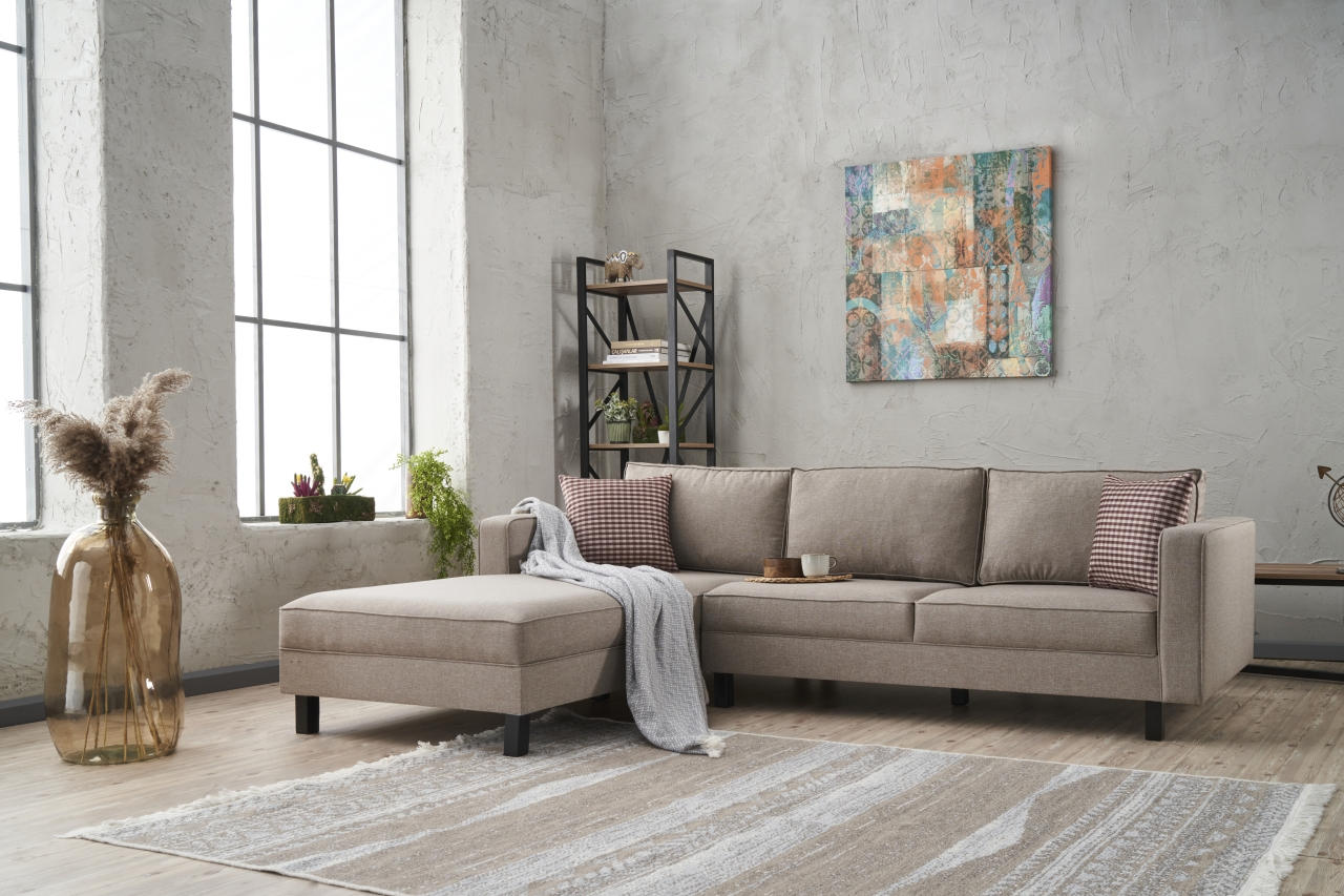 Sofá de canto moderno, creme, estrutura de madeira de faia, 258 x 181 x 83 cm | 100% poliéster/linho, espuma 28 DNS, elegante e confortável para espaços de convivência
