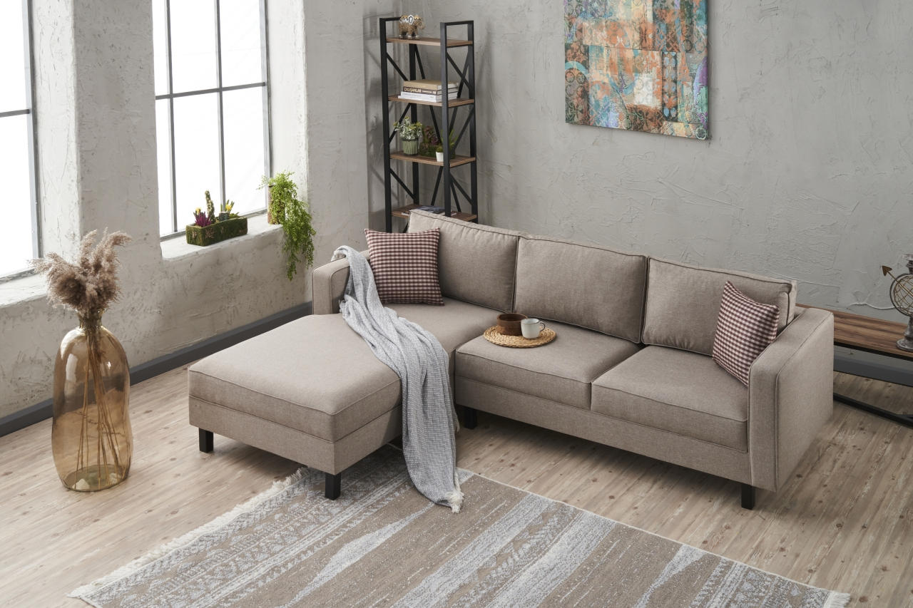Sofá de canto moderno, creme, estrutura de madeira de faia, 258 x 181 x 83 cm | 100% poliéster/linho, espuma 28 DNS, elegante e confortável para espaços de convivência