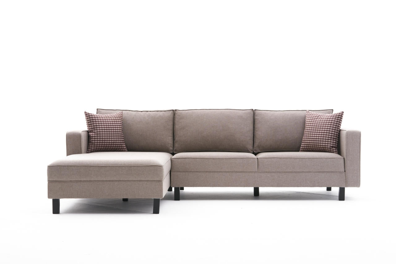 Sofá de canto moderno, creme, estrutura de madeira de faia, 258 x 181 x 83 cm | 100% poliéster/linho, espuma 28 DNS, elegante e confortável para espaços de convivência