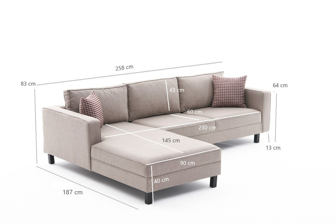 Sofá de canto moderno, creme, estrutura de madeira de faia, 258 x 181 x 83 cm | 100% poliéster/linho, espuma 28 DNS, elegante e confortável para espaços de convivência
