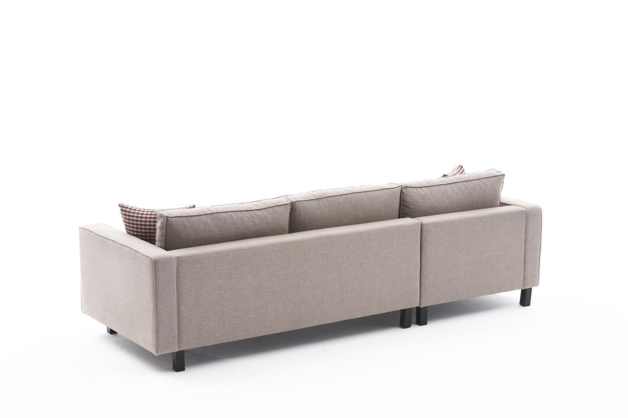 Sofá de canto moderno, creme, estrutura de madeira de faia, 258 x 181 x 83 cm | 100% poliéster/linho, espuma 28 DNS, elegante e confortável para espaços de convivência